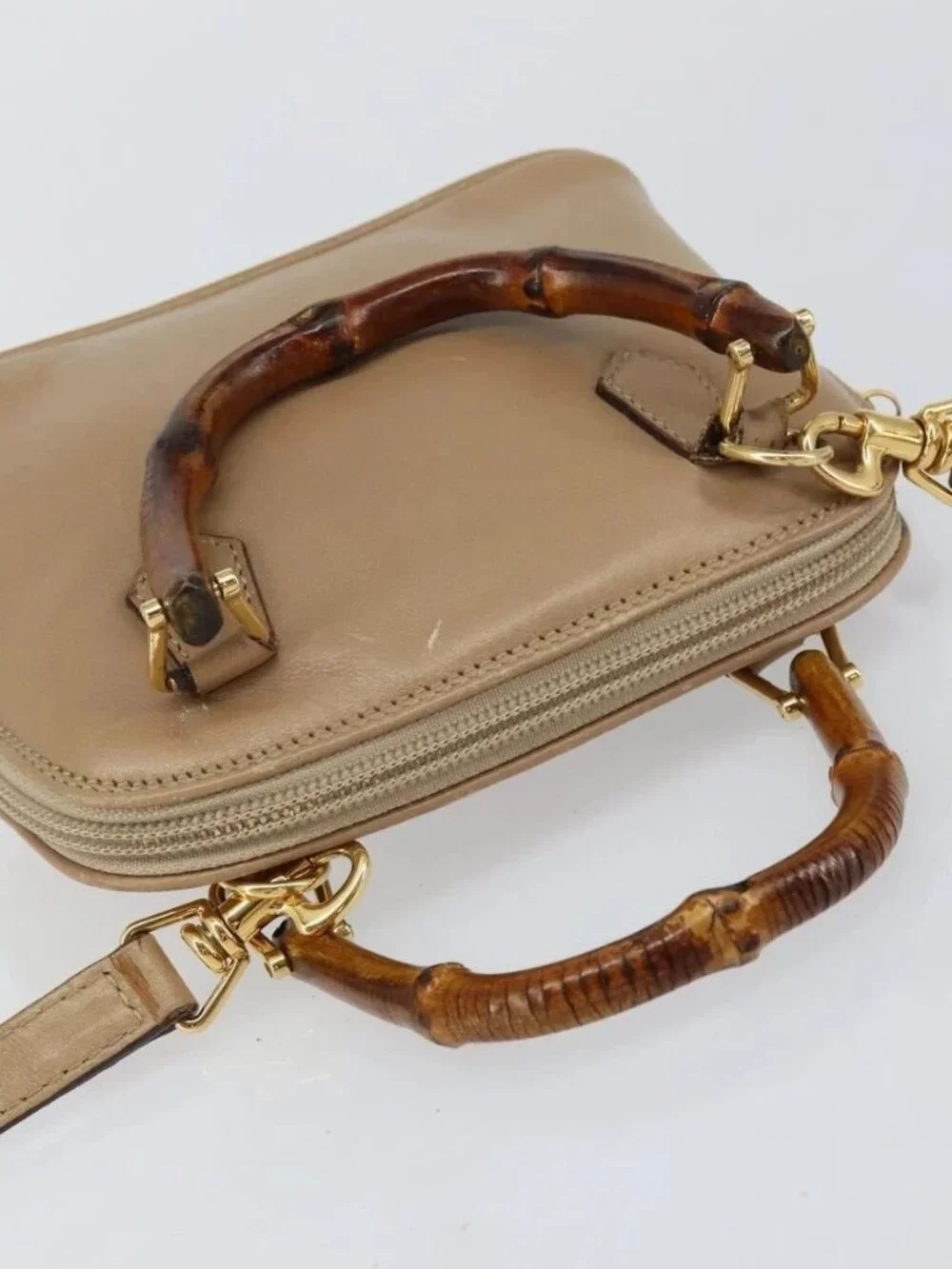 GUCCI Bamboo Hand Bag Leather 2way Beige Gold 007 2865 0231 Auth